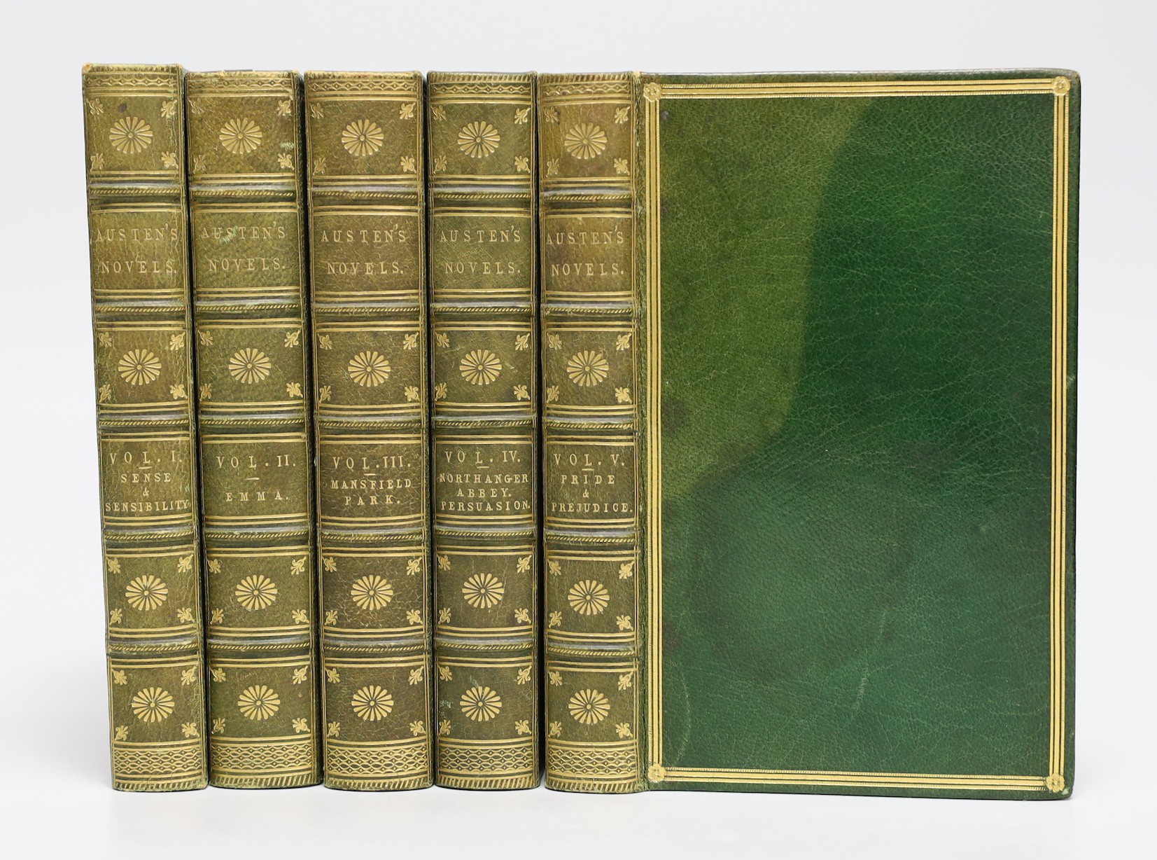 Austen, Jane - (Collected Novels) - 5 vols, engraved frontispieces; mid 19th cent. polished green calf, decorative gilt rules on covers, gilt-riled and decorated panelled spines - lettered direct, ge. and gilt-decorated